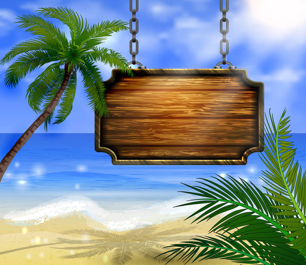 summer wooden sign on tropical beach background - Vector, afbeelding