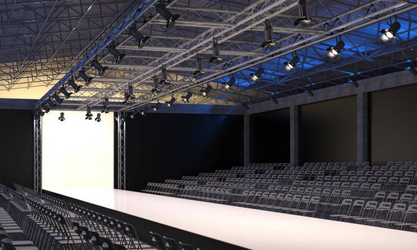 Intérieur de l'auditorium avec podium vide pour les défilés de mode. Piste de mode avant le début de l'affichage à la mode. Visualisation 3D
. - Photo, image