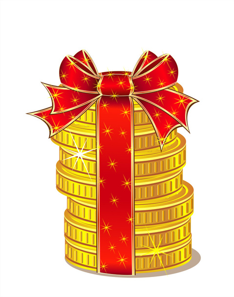 Pilha de moedas de ouro com fita e arco
 - Vetor, Imagem