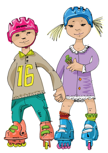 Joyful kids (boy & girl) are rollerblading outdoors. Cartoon - Vector, Image
