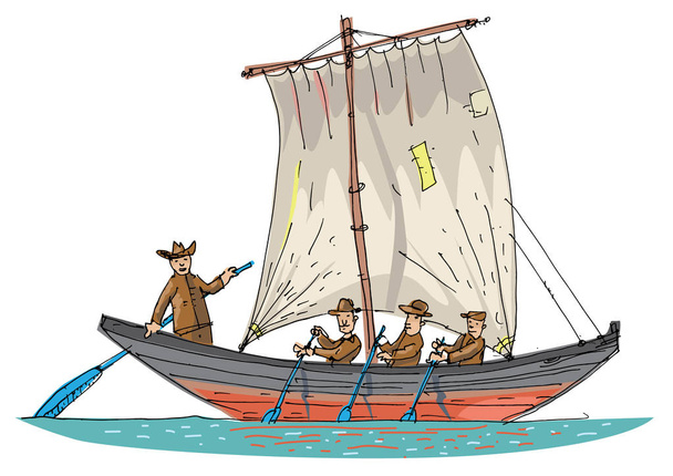 Un antiguo barco navega en el mar. Velero vintage. Caricatura
. - Vector, Imagen
