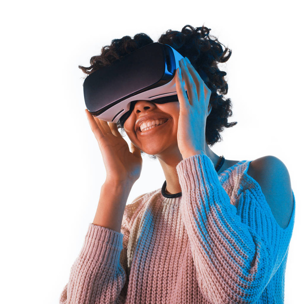 Laughing trendy girl in VR glasses - Photo, Image
