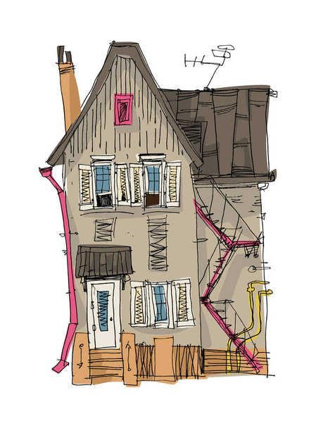 Fachada vintage. Dibujos animados. Bonita casa de campo con una escalera y una chimenea en el techo
. - Vector, imagen