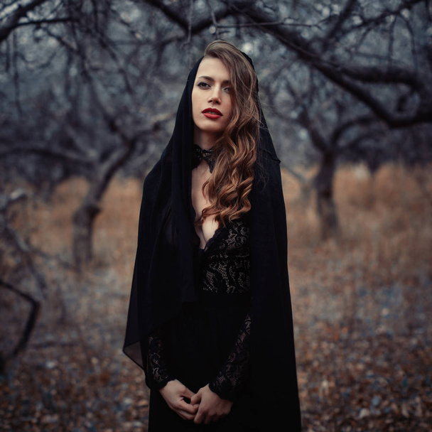 Beautiful girl in in black vintage dress with curly hair posing in the woods. Woman in retro dress lost in the forest. Worried sensual emotion . Retro fashion - Foto, Imagem