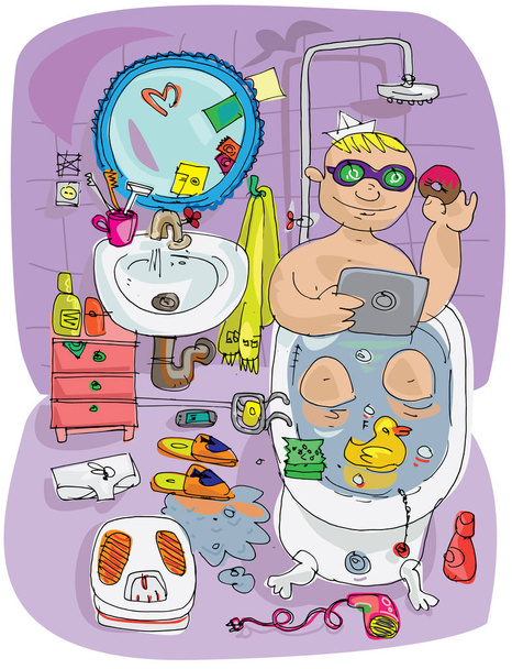 Young man sitting in a bath surrounded different stuff. - Vector, Image