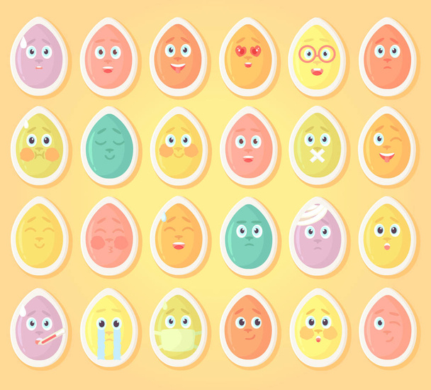 Joukko tarroja pääsiäismunia, joilla on erilaisia tunteita, kirkkaita värillisiä munia chattailuun, viestintään toistensa kanssa
.  - Vektori, kuva