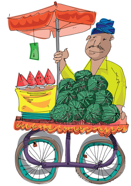 An indian street vendor selling watermelons - cartoon - Vector, Image