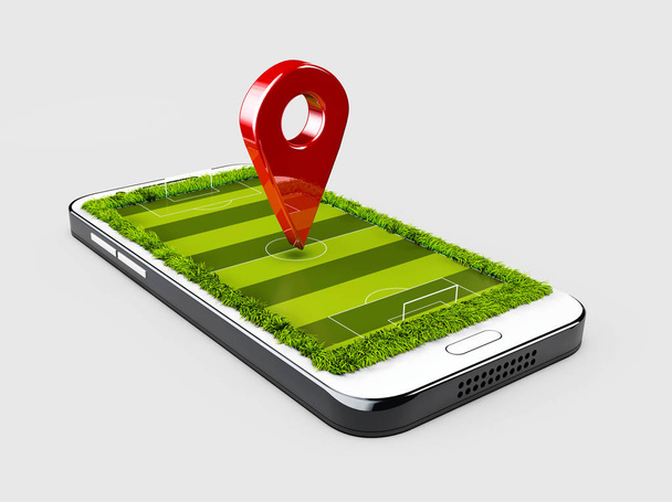 GPS navigateur rouge pin couleur maquette avec stade sur fond gris. Illustration 3d
 - Photo, image