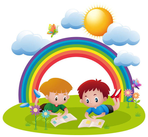 Two boys reading books in the park - Vector, Image