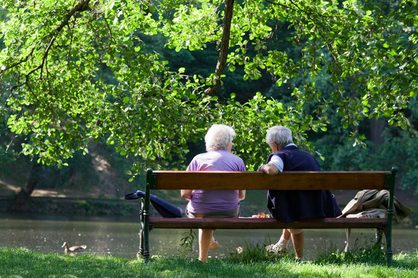 Grandparents are talking on the bench in the spring park - Zdjęcie, obraz