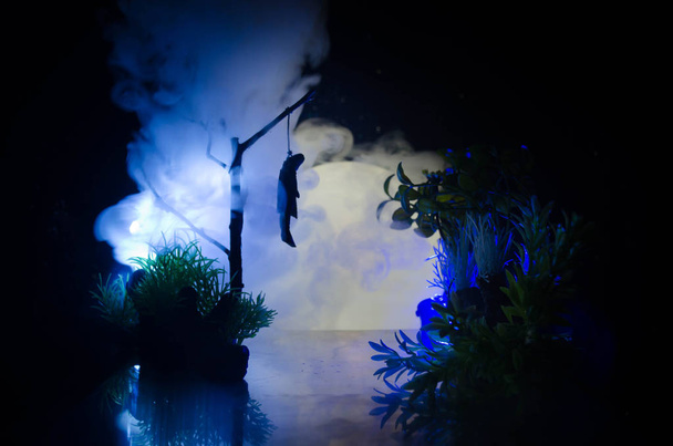 Φρίκη θέα ΚΡΕΜΑΣΤΕΣ κορίτσι στο δέντρο στο διακόσμηση αυτοκτονία το βράδυ (το βράδυ). Εκτελέσεις θανατικής ποινής ή αφηρημένη ιδέα της αυτοκτονίας. - Φωτογραφία, εικόνα