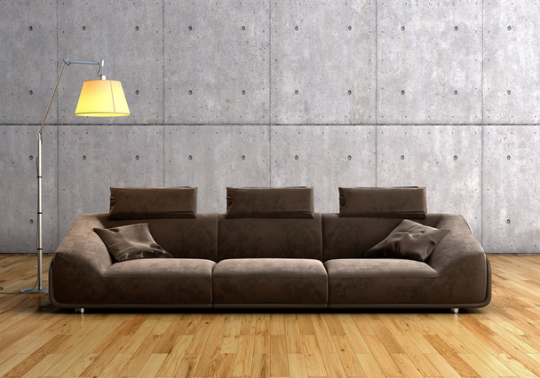 A modern brown sofa and lamp against concrete background on woo - Foto, Bild
