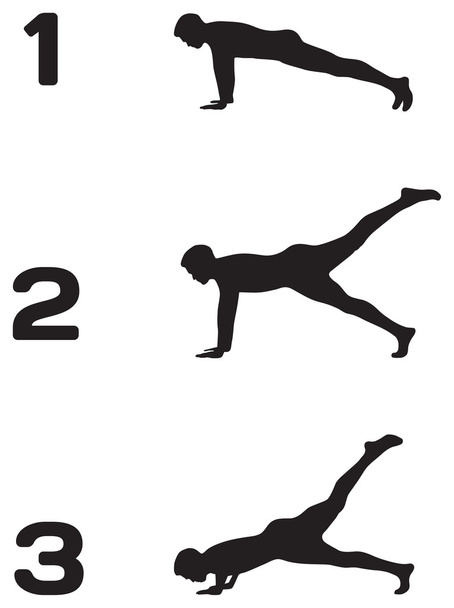 Man doing push ups in three steps black silhouettes on white bac - Vector, Image
