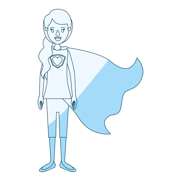 blue silhouette shading cartoon full body super hero woman with ponytail hair and cap - Vector, Image