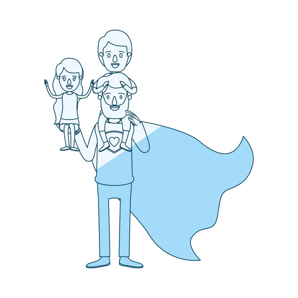azul silueta sombreado dibujos animados cuerpo completo super papá héroe con chica en su mano y chico en su espalda
 - Vector, Imagen