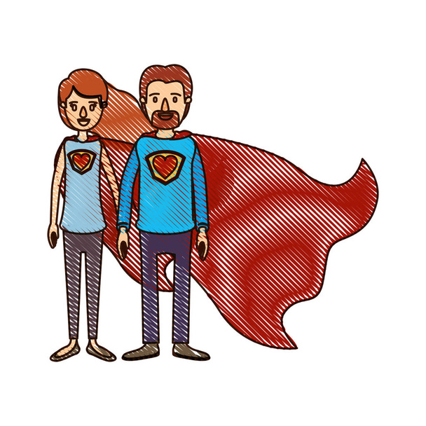 кольорова крейдова смуга мультфільм повна пара тіла супер герой з символом серця в уніформі
 - Вектор, зображення