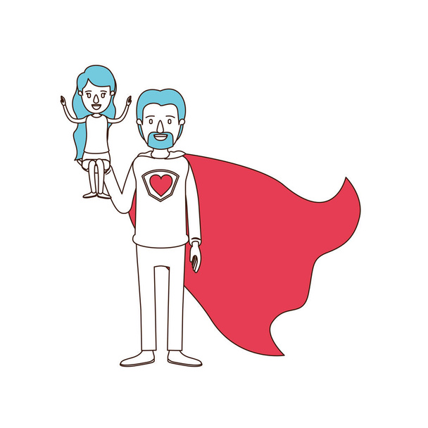 silhouette cartoon with color sections of full body super dad hero with girl on his hand - Vector, Image