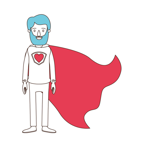 Silhouette Cartoon mit Farbausschnitten des bärtigen Superman-Helden mit Herz-Symbol in Uniform - Vektor, Bild