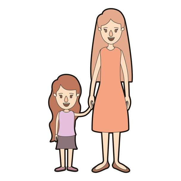 Lichtfarbe Karikatur dicke Kontur Ganzkörper Mutter im Kleid Hand mit Mädchen genommen - Vektor, Bild