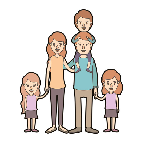 lichte kleur karikatuur dikke contour grote familie ouders met jongen op zijn rug en daugthers handen genomen - Vector, afbeelding