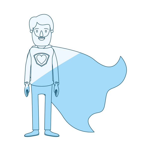 blauwe silhouet arcering cartoon volledige lichaam bebaarde man super held met hartsymbool in uniform - Vector, afbeelding