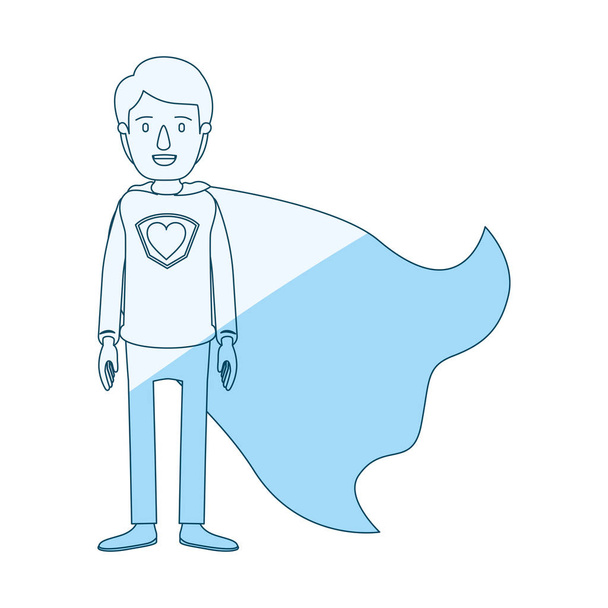 blauwe silhouet arcering cartoon hoofdgedeelte super kerel held met hartsymbool in uniform - Vector, afbeelding