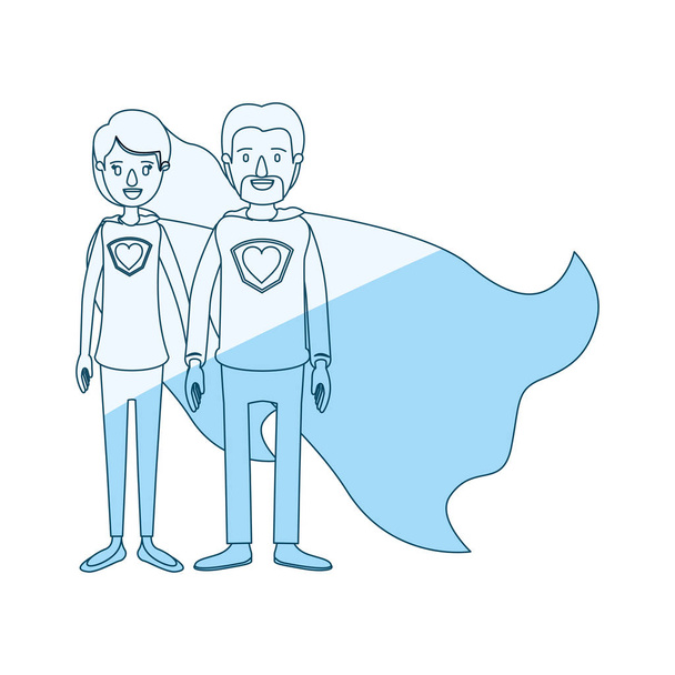 blaue Silhouette Schattierung Cartoon Ganzkörper-Paar Superhelden mit Herz-Symbol in Uniform - Vektor, Bild