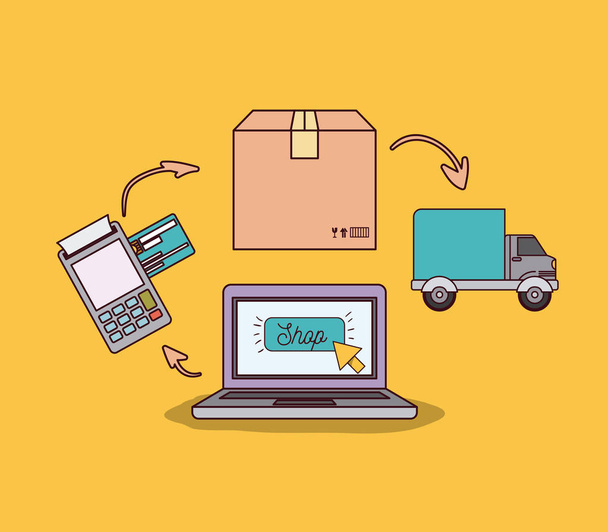 オンライン ショッピングや配信の手順でラップトップ コンピューターと黄色の背景 - ベクター画像