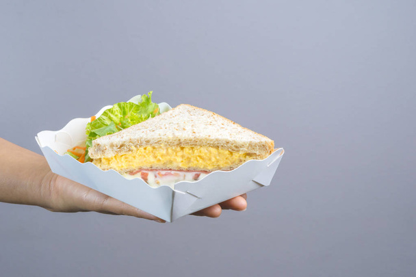 Hands holding fresh delicious sandwich with whole grain bread, o - Zdjęcie, obraz