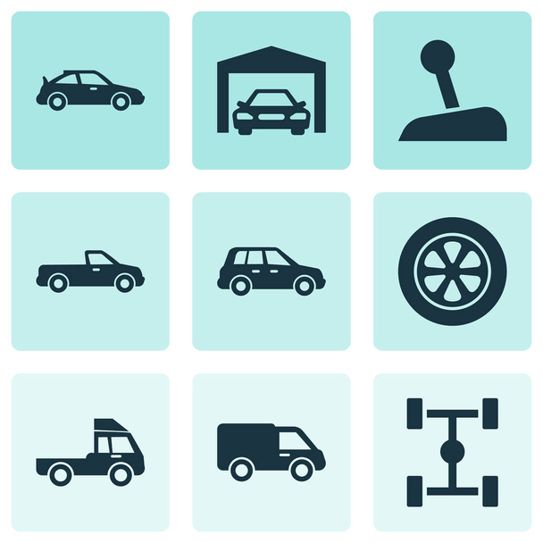 Icone auto impostate. Raccolta di riparazione, carrozza, auto e altri elementi. Include anche simboli come pneumatici, furgoni, riparazione
. - Vettoriali, immagini