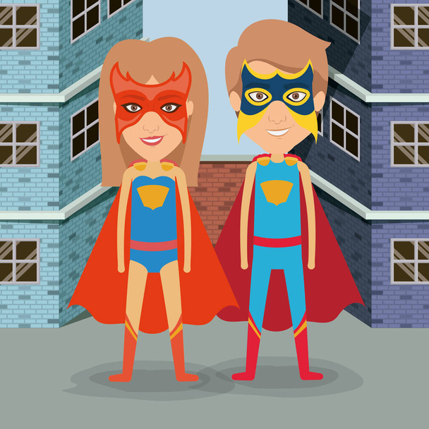 красочные фоновые здания кирпичный фасад с супергеройской парой в костюмах
 - Вектор,изображение