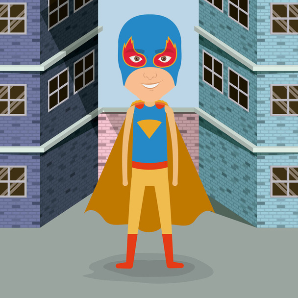 カラフルな背景の建物のれんが造りのファサードはスーパー ヒーローの衣装と完全なマスク男 - ベクター画像
