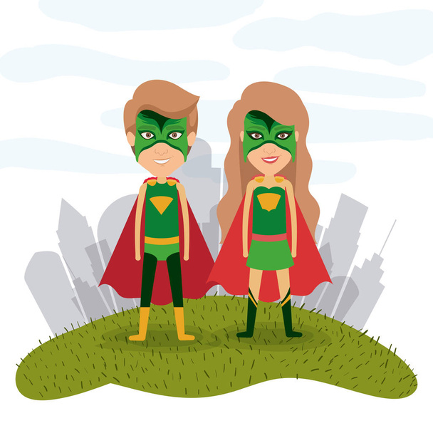 white background city landscape with superhero couple in grass - Vector, Image