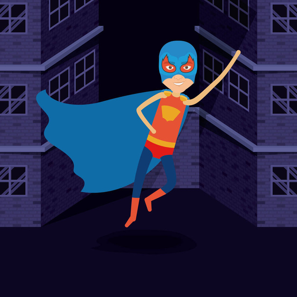 衣装と完全なマスクで飛んでいるスーパー ヒーローの男とれんが造りのファサードの紫色の背景の建物 - ベクター画像