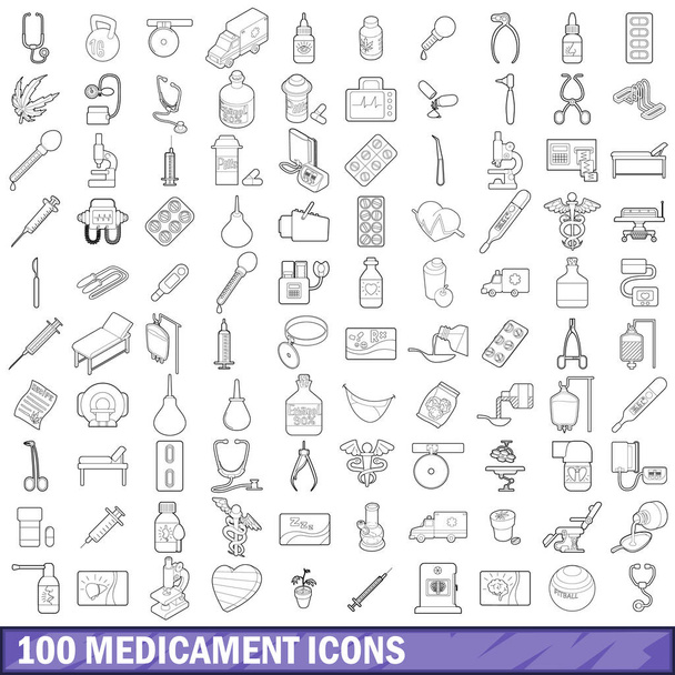 a gyógyszer 100 ikonok beállítása, vázlat stílusában - Vektor, kép