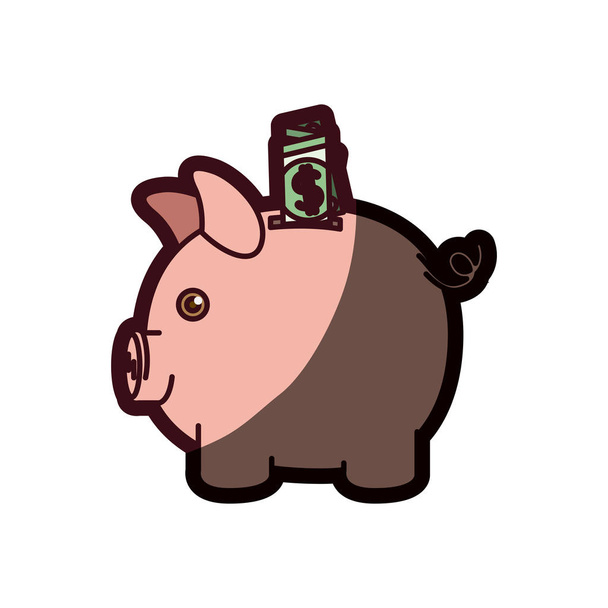 colorful silhouette of moneybox in shape of pig with dollar bill and thick contour - Vector, Image