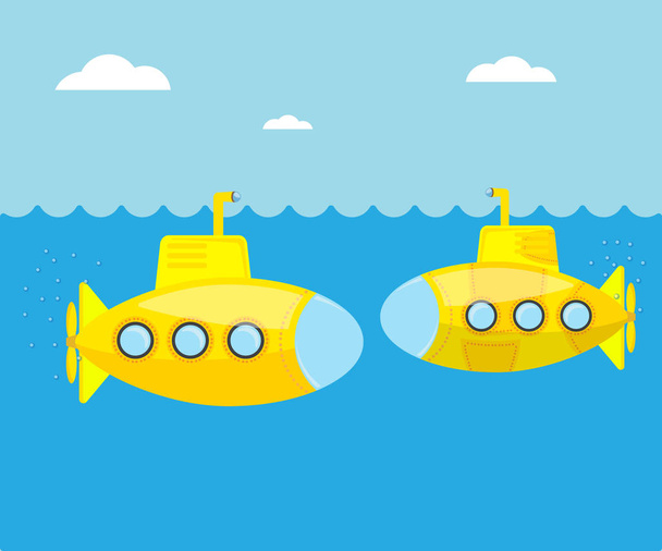 желтая подводная лодка в голубом море
 - Вектор,изображение