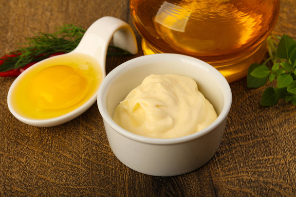Mayonnaise with egg and oil in bottle - Photo, Image