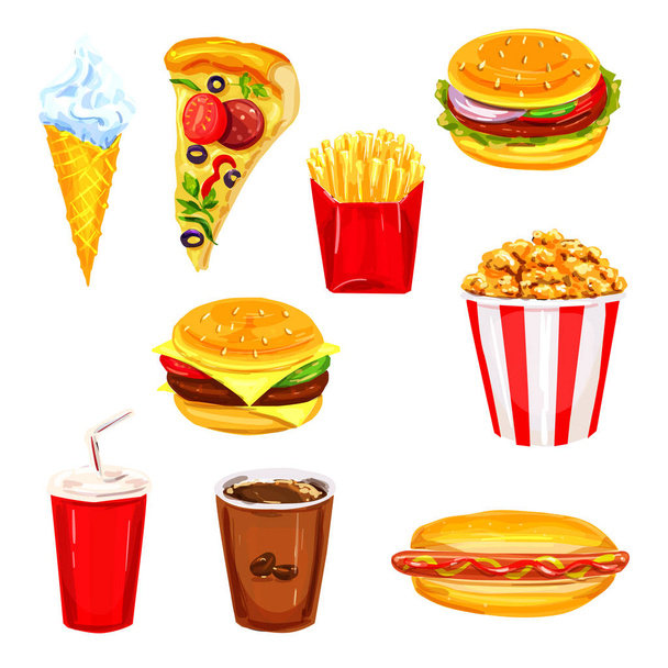 Fast Food Restaurant Mittagsmenü Aquarell-Set - Vektor, Bild