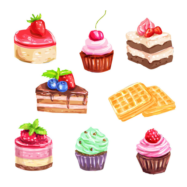 Kakku ja leivonnaiset joukko akvarelli jälkiruoka
 - Vektori, kuva