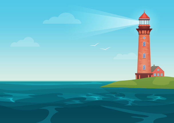 Lighthouse on on the little island cartoon landscape. Beacon in ocean for navigation vector illustration. - Вектор,изображение