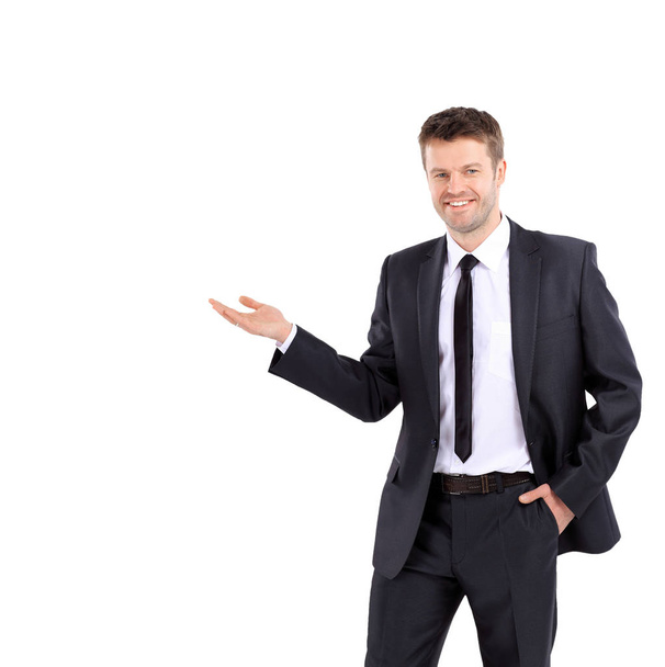 Smiling business man showing open hand palm with copy space for - Foto, immagini