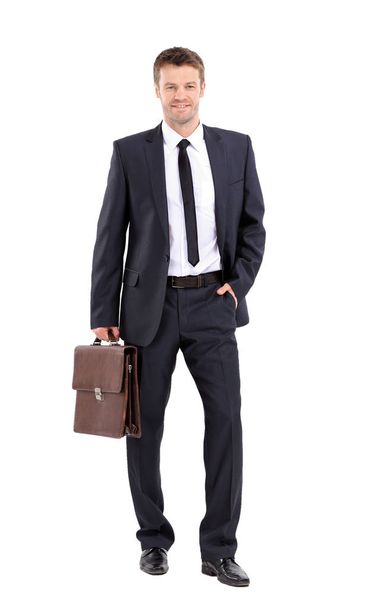 Portrait of an elegant handsome business man with  suitcase on w - Fotoğraf, Görsel