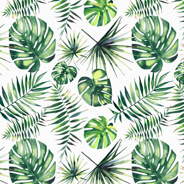 Beautiful green tropical cute lovely wonderful hawaii floral herbal summer pattern of a palms watercolor hand illustration - Photo, image