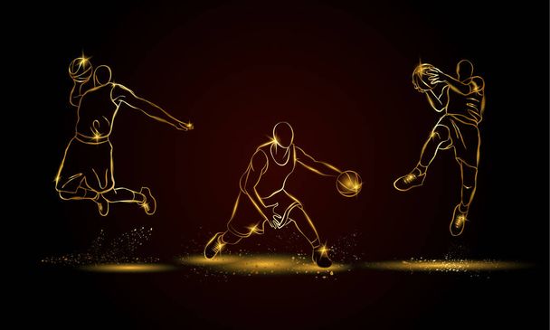 Basketballer legen los. Goldene lineare Basketballspieler-Illustration für Sportbanner, Hintergrund und Flyer. - Vektor, Bild