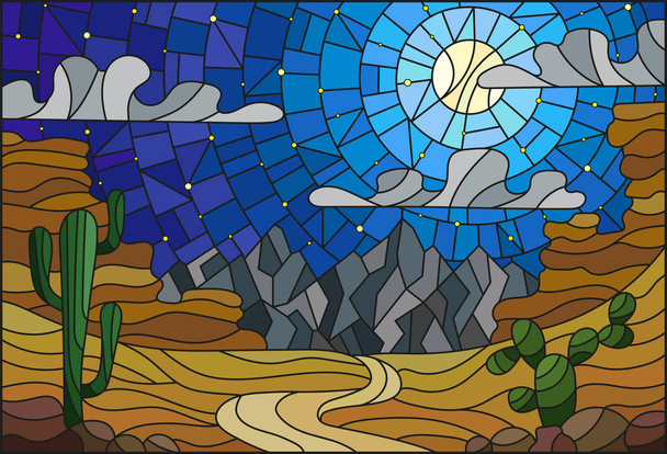 A ilustração em pintura estilo vitral com paisagem desértica, cacto em um fundo de dunas, céu estrelado e lua
  - Vetor, Imagem