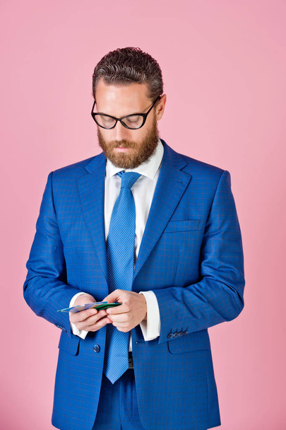 man or businessman with credit cards in glasses, formal outfit - Photo, Image