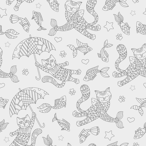 Безшовний візерунок зі смішними кішками та рибою, темні контурні фігури на світлому фоні
 - Вектор, зображення