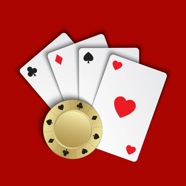 Set di semplici carte da gioco con fiches da casinò su sfondo rosso
 - Vettoriali, immagini