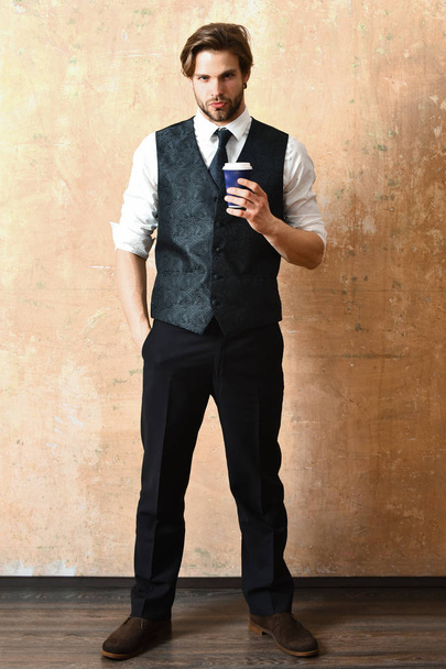 young man or office worker drink coffee from cup - Foto, imagen